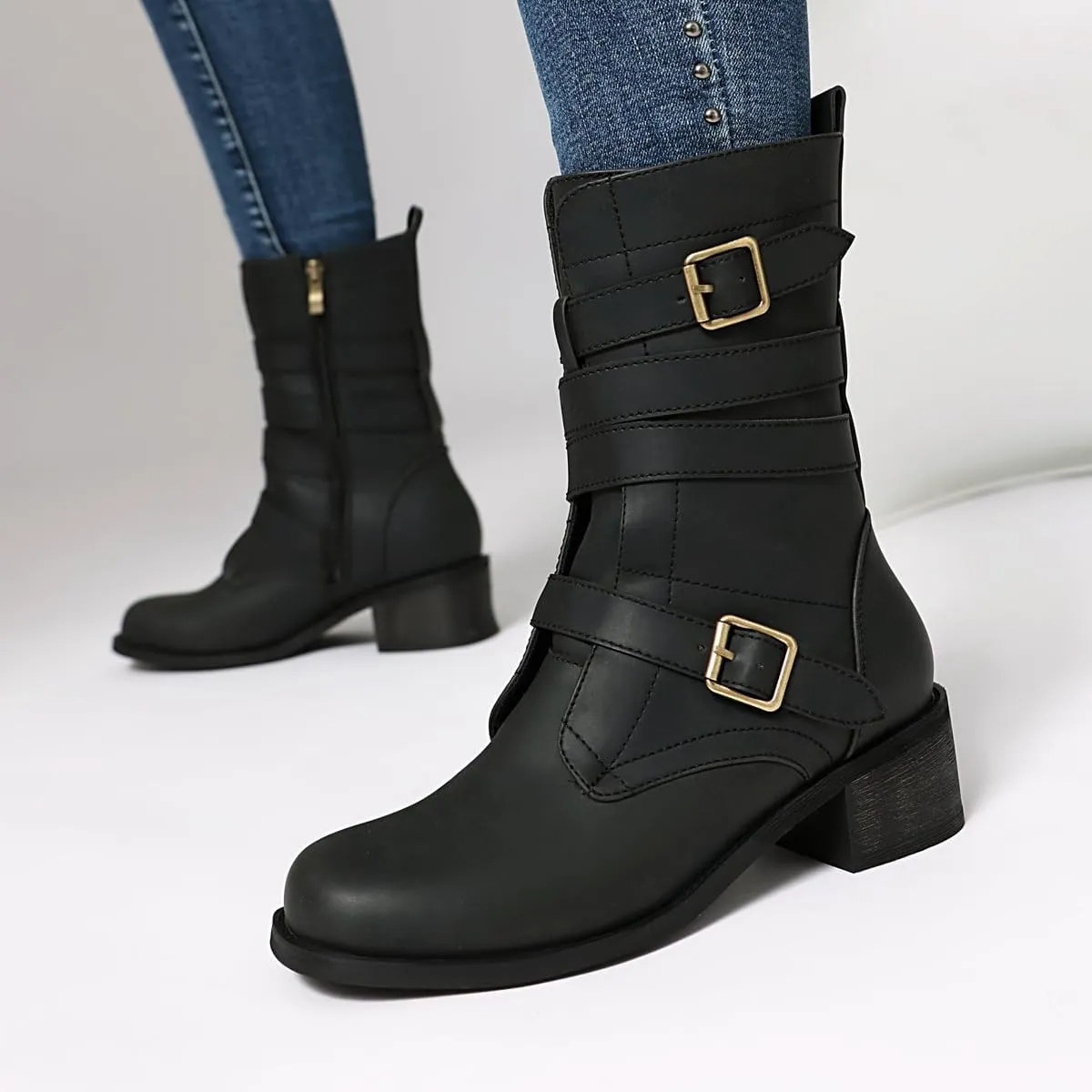 Women's Belt Buckle Mid Calf Boot,Retro Square Toe Chunky Heel Ankle High Shaft Boots,Women's Motorcycle Boots with Side Zipper Buckle Wrap Up Riding Boots.