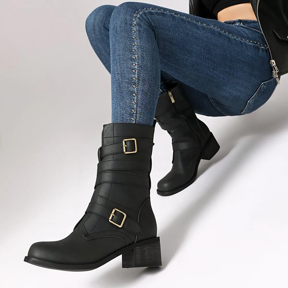 Women's Belt Buckle Mid Calf Boot,Retro Square Toe Chunky Heel Ankle High Shaft Boots,Women's Motorcycle Boots with Side Zipper Buckle Wrap Up Riding Boots.