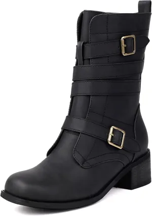 Women's Belt Buckle Mid Calf Boot,Retro Square Toe Chunky Heel Ankle High Shaft Boots,Women's Motorcycle Boots with Side Zipper Buckle Wrap Up Riding Boots.