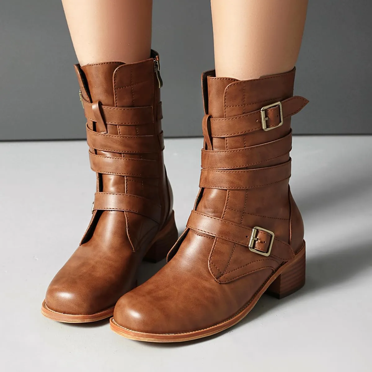 Women's Belt Buckle Mid Calf Boot,Retro Square Toe Chunky Heel Ankle High Shaft Boots,Women's Motorcycle Boots with Side Zipper Buckle Wrap Up Riding Boots.