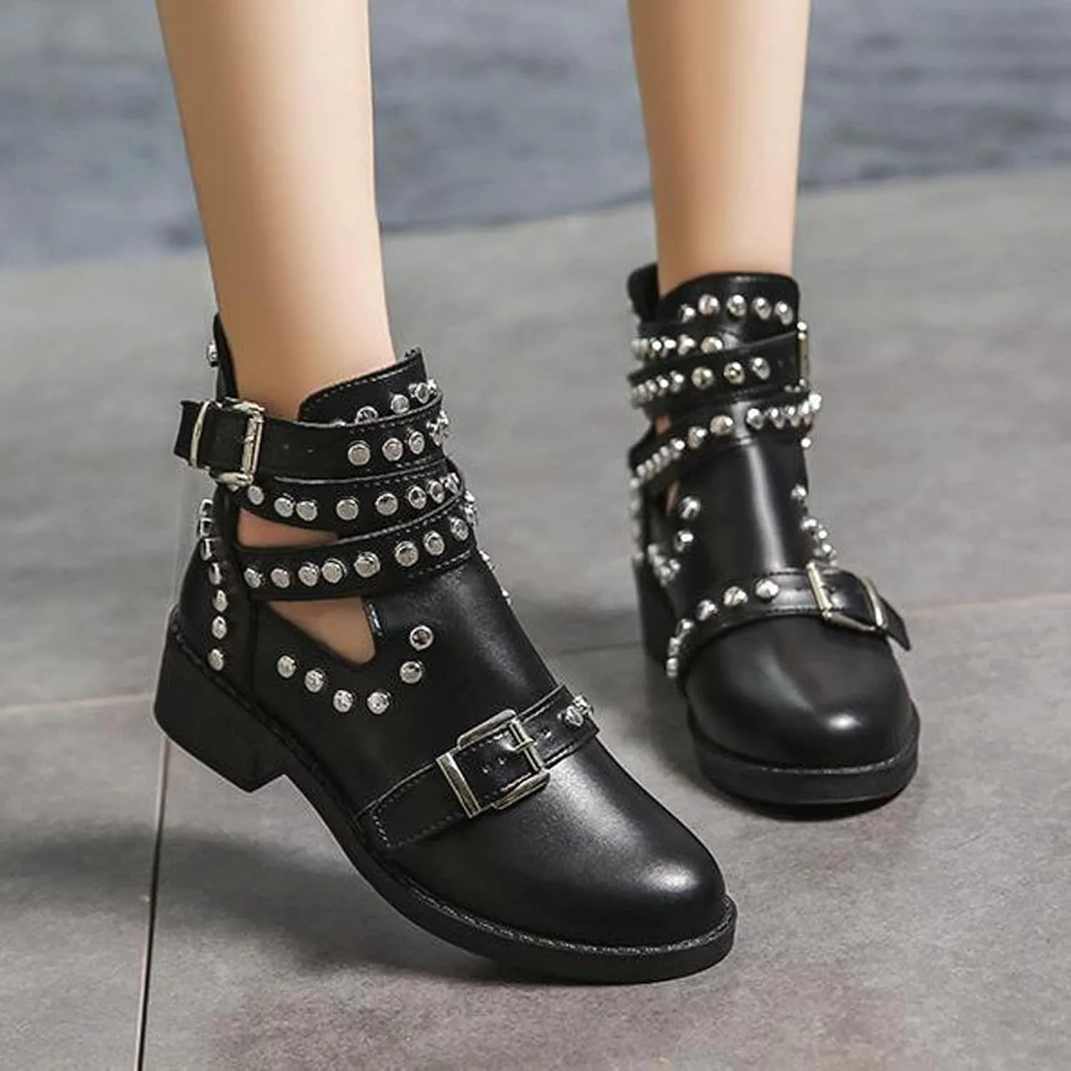 Women's Black Rivet Studded Buckle Strap Ankle Boots,Gothic Punk Cutout Block Heel Motorcycle Cowboy Combat Booties