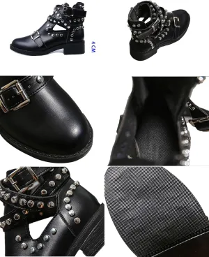 Women's Black Rivet Studded Buckle Strap Ankle Boots,Gothic Punk Cutout Block Heel Motorcycle Cowboy Combat Booties