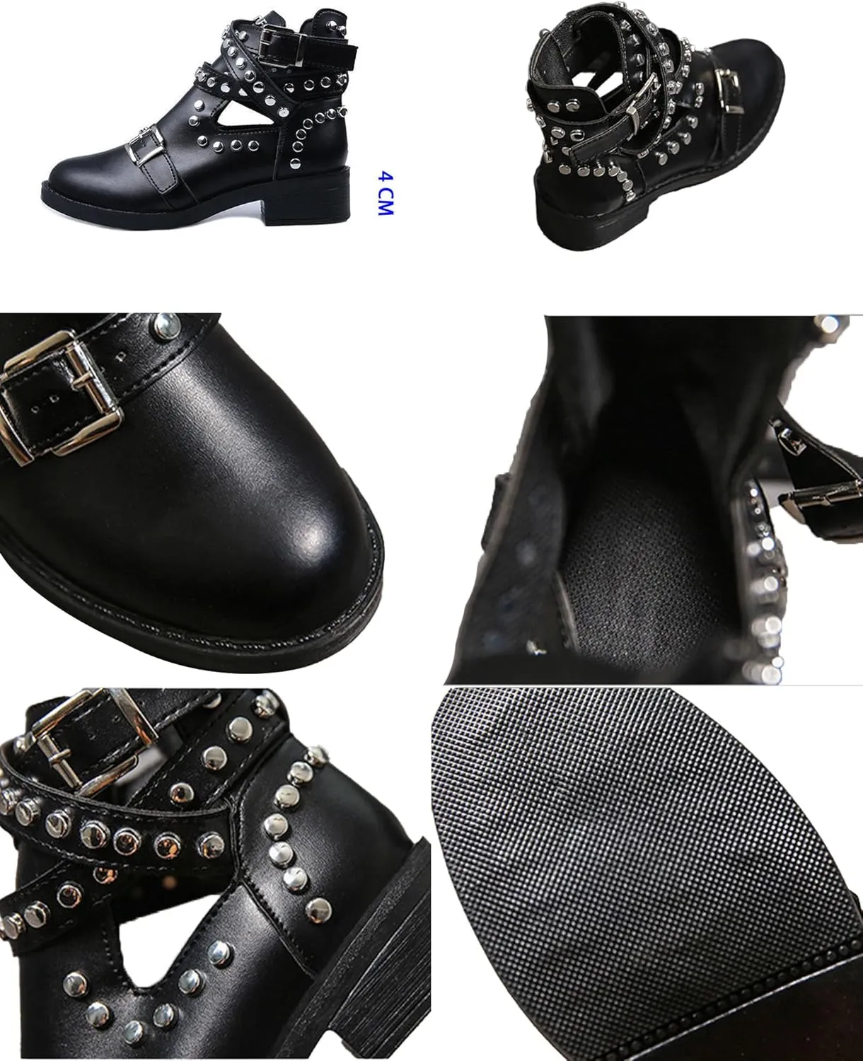 Women's Black Rivet Studded Buckle Strap Ankle Boots,Gothic Punk Cutout Block Heel Motorcycle Cowboy Combat Booties