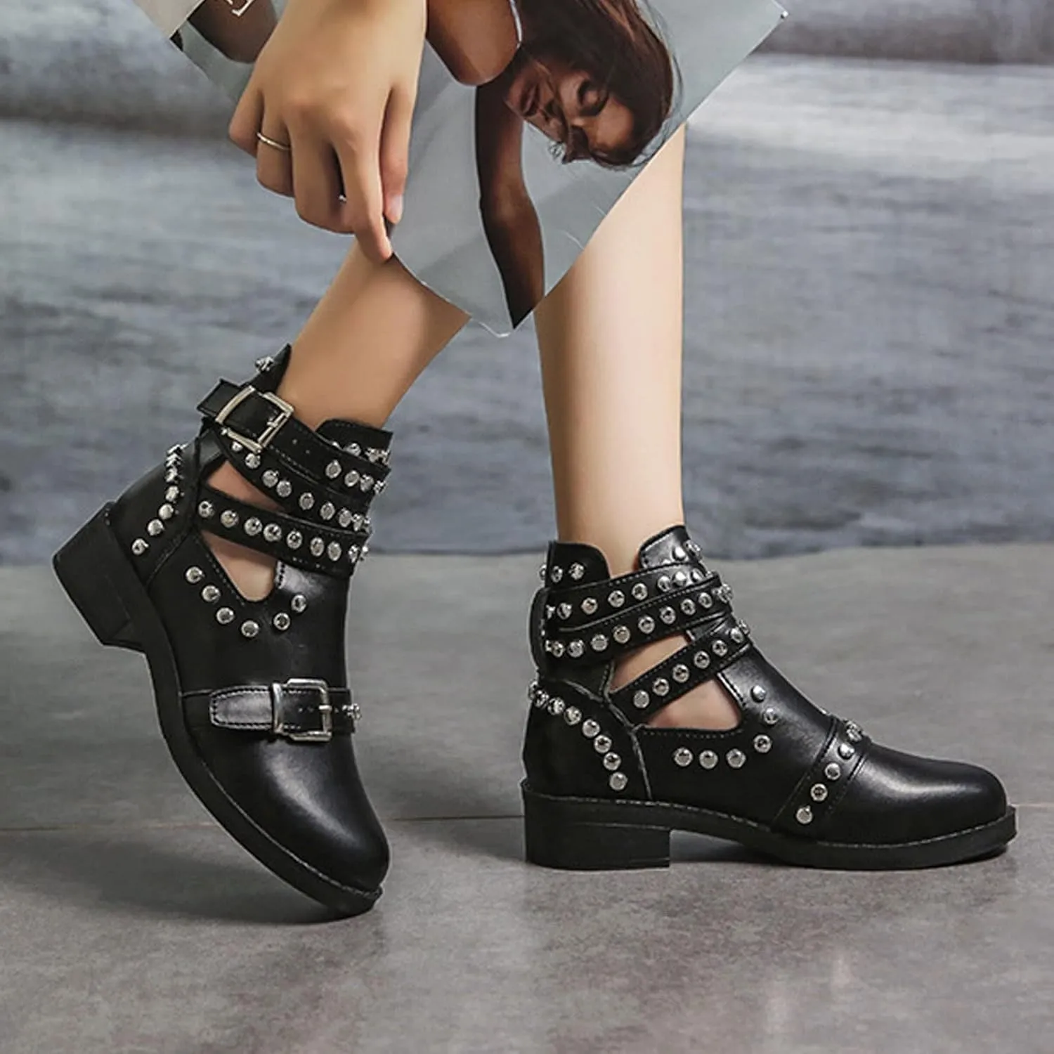 Women's Black Rivet Studded Buckle Strap Ankle Boots,Gothic Punk Cutout Block Heel Motorcycle Cowboy Combat Booties