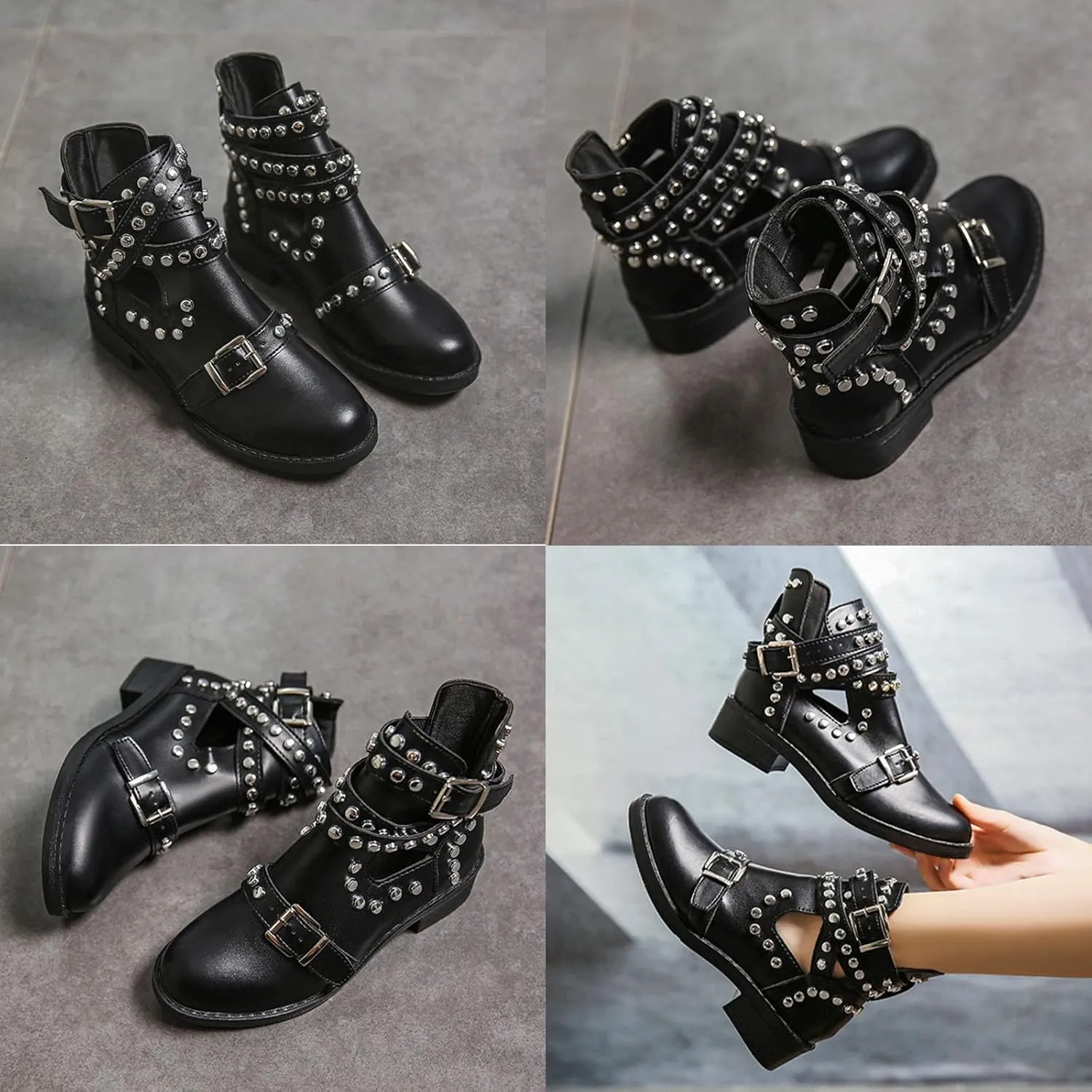 Women's Black Rivet Studded Buckle Strap Ankle Boots,Gothic Punk Cutout Block Heel Motorcycle Cowboy Combat Booties