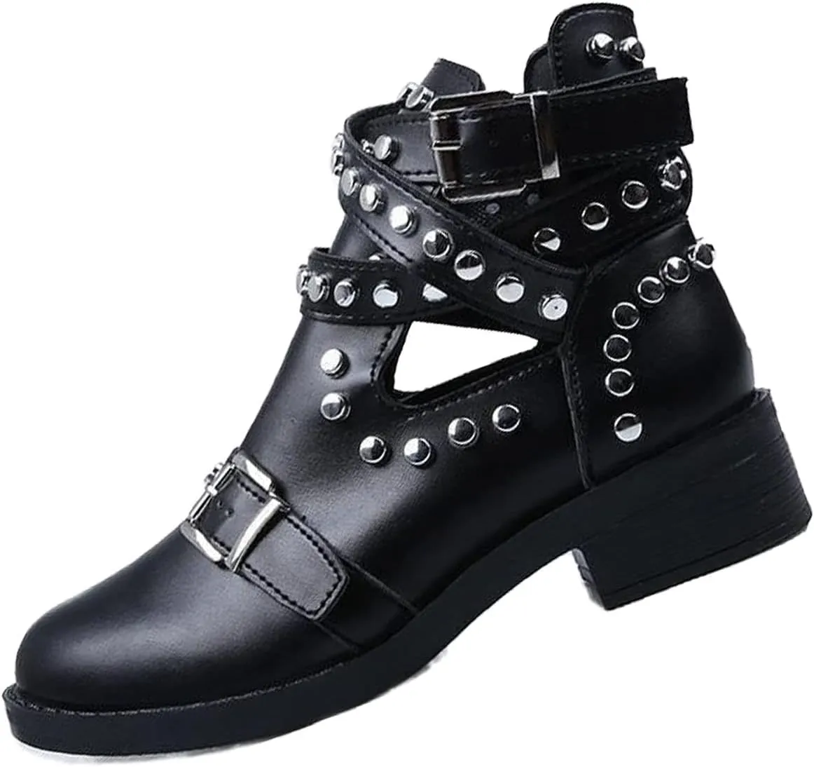 Women's Black Rivet Studded Buckle Strap Ankle Boots,Gothic Punk Cutout Block Heel Motorcycle Cowboy Combat Booties