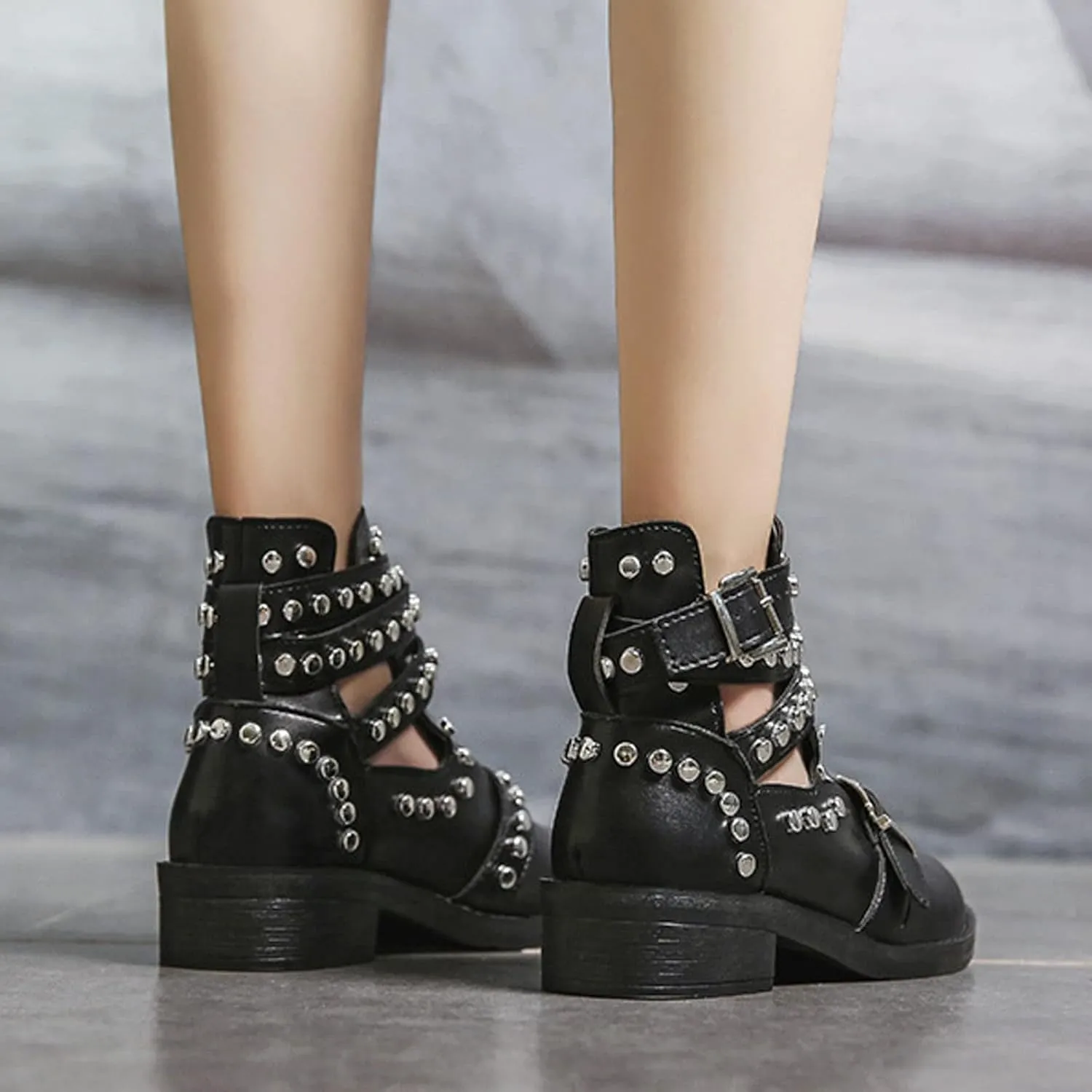 Women's Black Rivet Studded Buckle Strap Ankle Boots,Gothic Punk Cutout Block Heel Motorcycle Cowboy Combat Booties