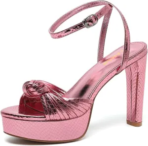 Women's Block Heels 4 Inch Platform Braid Knot Ankle Strap Lady Heeled Sandals FZ319