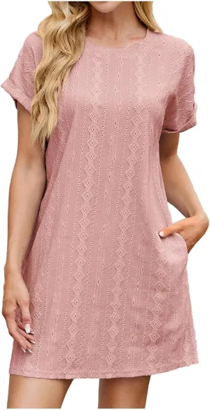 Women's Bohe Cotton Sundresses Soft Wrap Dresses Floral Jacquard Short Sleeve Eyelet A Line Mini Shirt Dress Lightweight