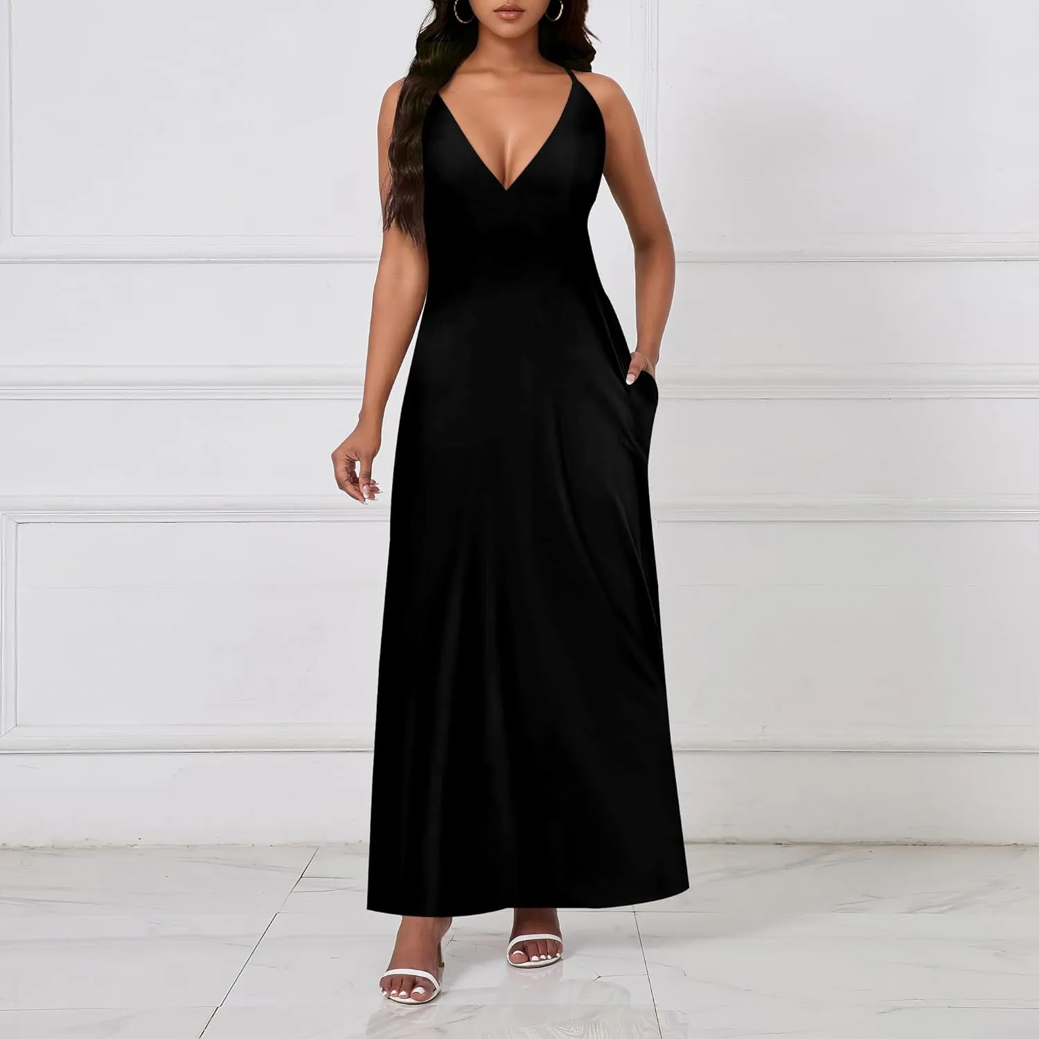 Women's Boho Ankle-Length Spaghetti Strap Sexy V-Neck Maxi Dress Summer Beach Vacation Cocktail Party Dress XS-3XL