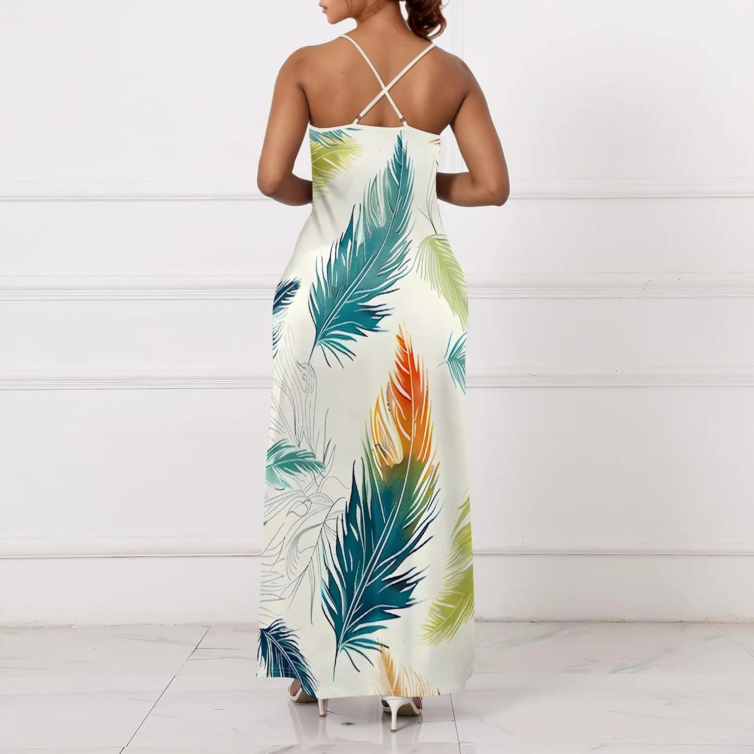 Women's Boho Ankle-Length Spaghetti Strap Sexy V-Neck Maxi Dress Summer Beach Vacation Cocktail Party Dress XS-3XL