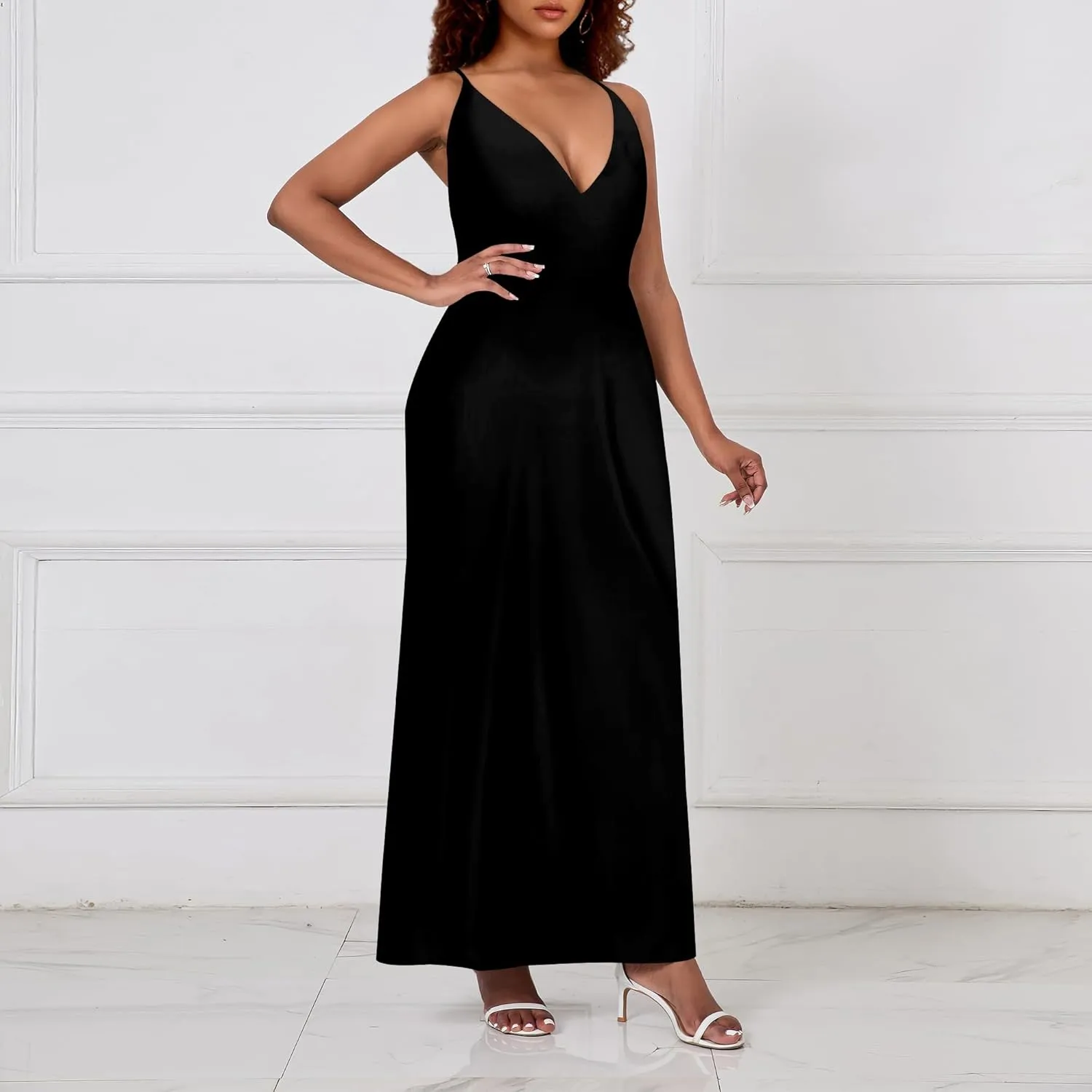 Women's Boho Ankle-Length Spaghetti Strap Sexy V-Neck Maxi Dress Summer Beach Vacation Cocktail Party Dress XS-3XL
