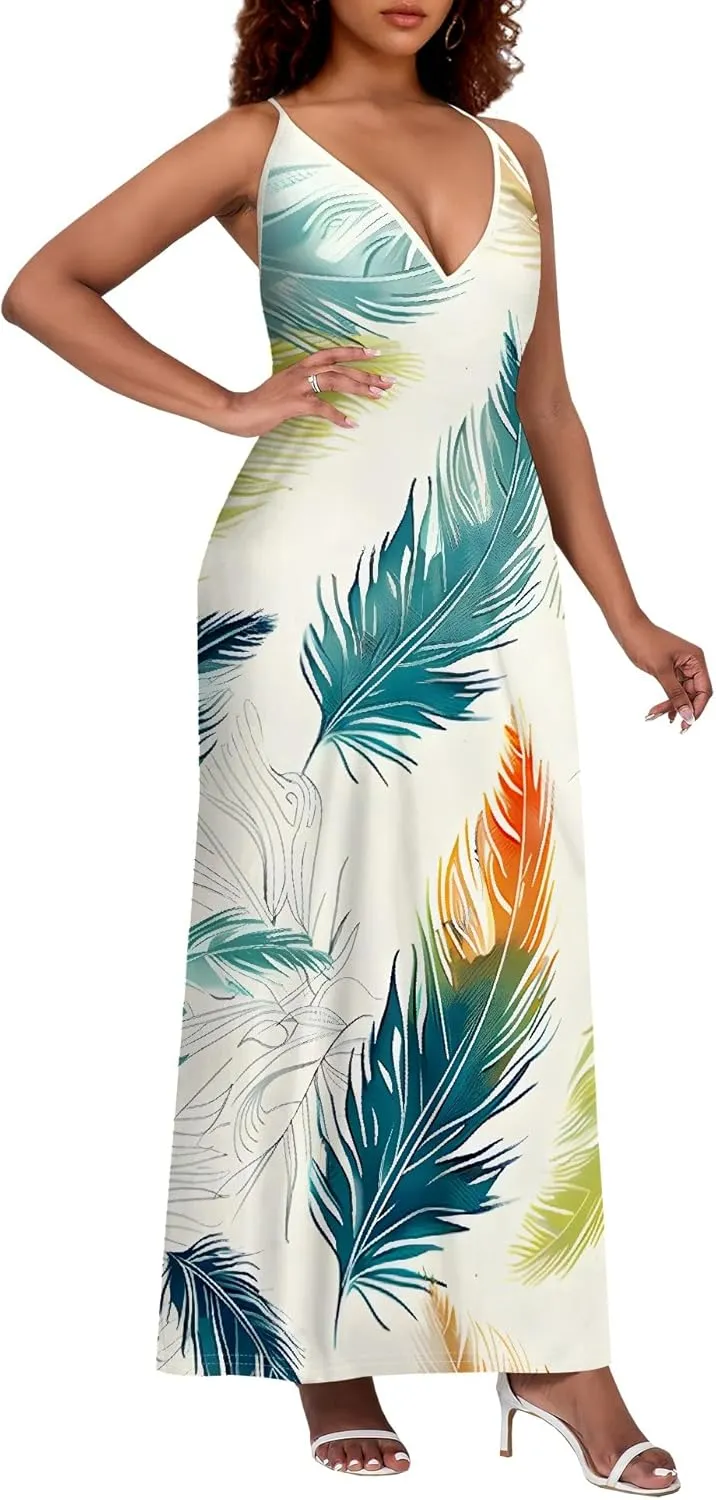 Women's Boho Ankle-Length Spaghetti Strap Sexy V-Neck Maxi Dress Summer Beach Vacation Cocktail Party Dress XS-3XL
