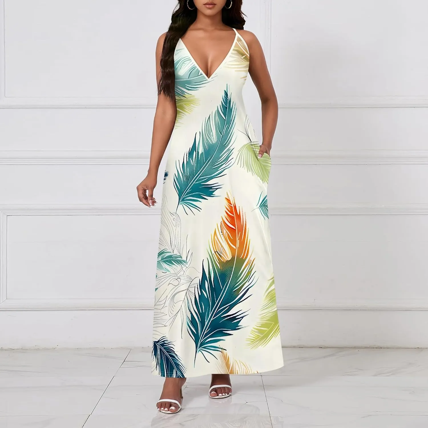 Women's Boho Ankle-Length Spaghetti Strap Sexy V-Neck Maxi Dress Summer Beach Vacation Cocktail Party Dress XS-3XL