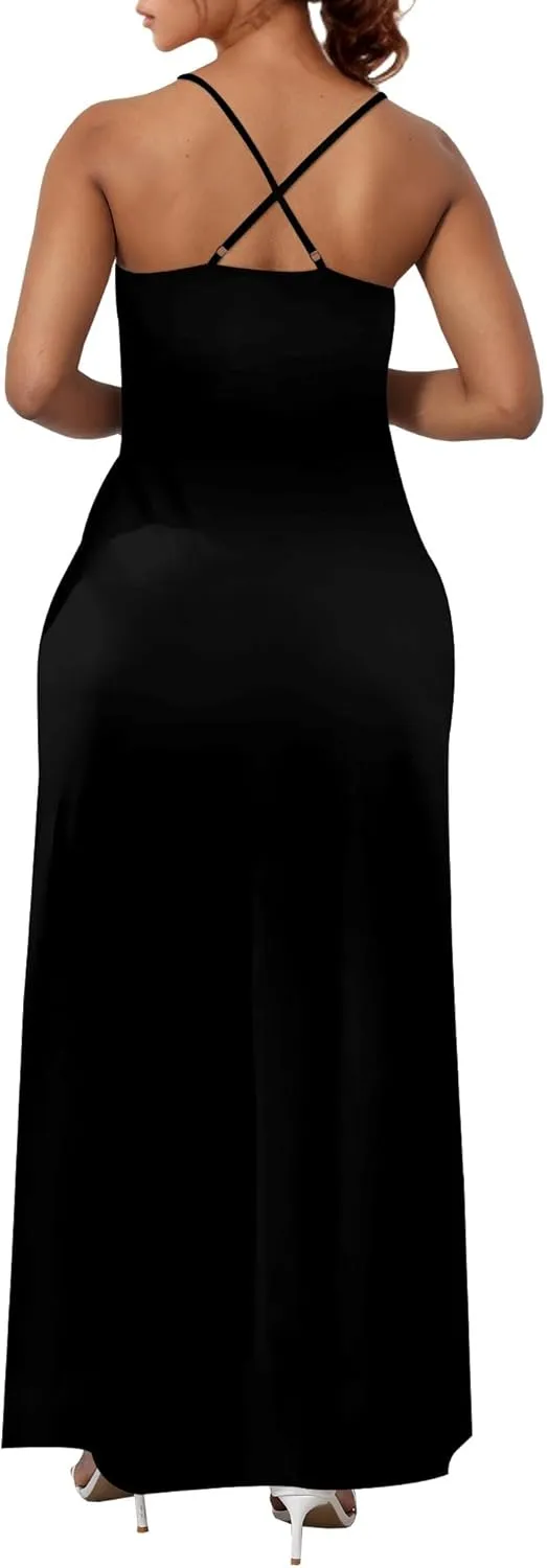 Women's Boho Ankle-Length Spaghetti Strap Sexy V-Neck Maxi Dress Summer Beach Vacation Cocktail Party Dress XS-3XL