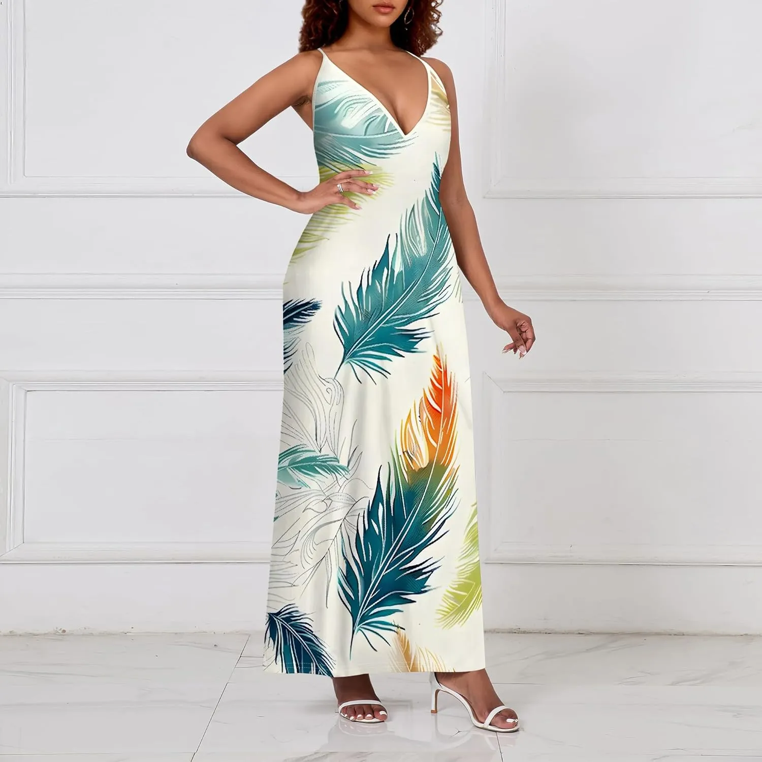 Women's Boho Ankle-Length Spaghetti Strap Sexy V-Neck Maxi Dress Summer Beach Vacation Cocktail Party Dress XS-3XL