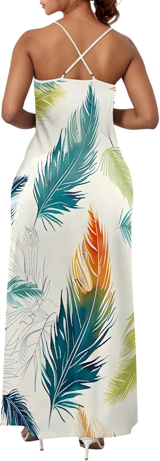 Women's Boho Ankle-Length Spaghetti Strap Sexy V-Neck Maxi Dress Summer Beach Vacation Cocktail Party Dress XS-3XL