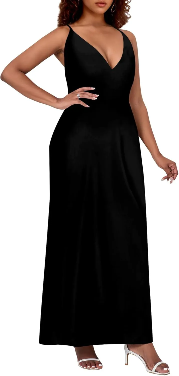 Women's Boho Ankle-Length Spaghetti Strap Sexy V-Neck Maxi Dress Summer Beach Vacation Cocktail Party Dress XS-3XL