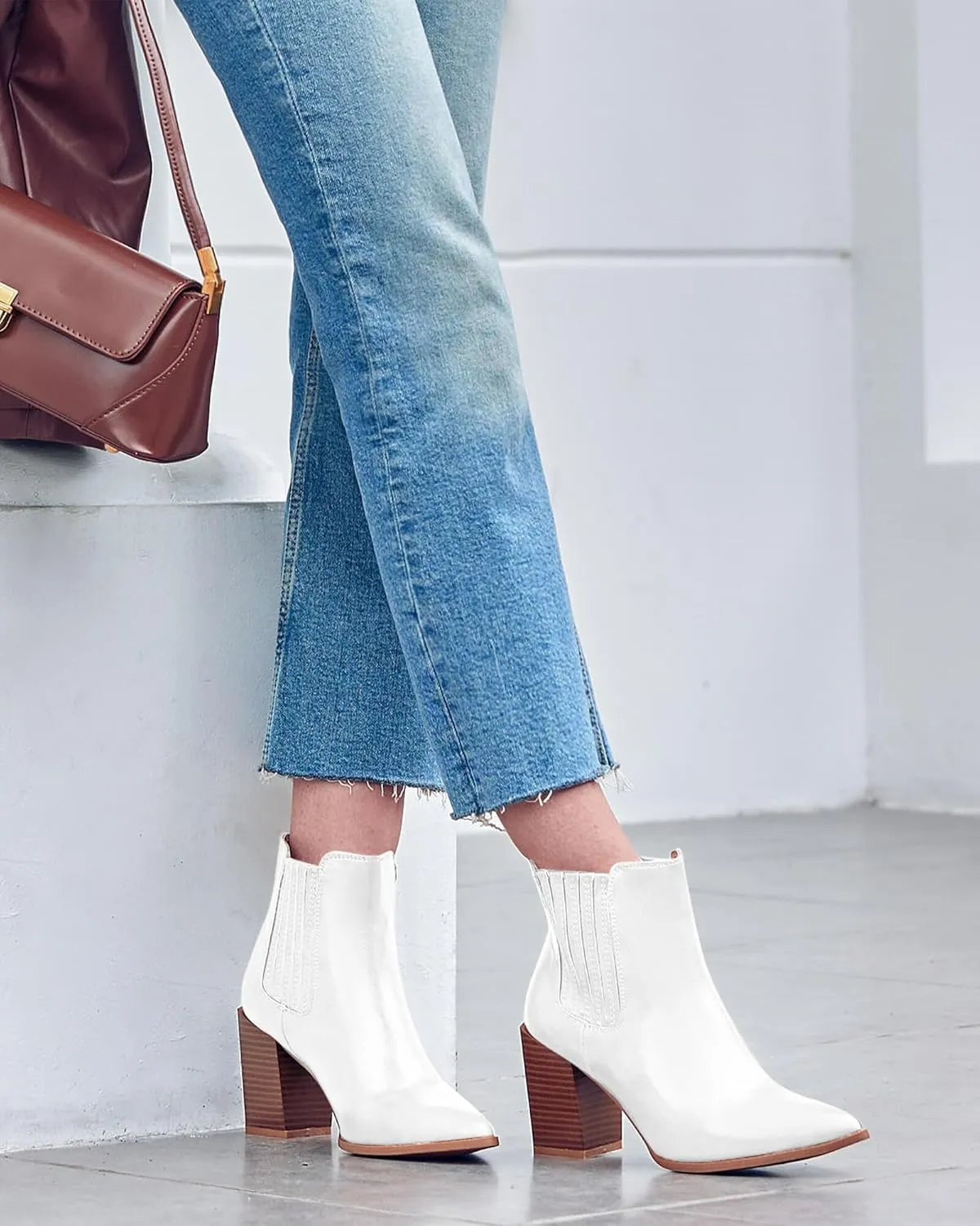 Womens Booties Pointed Toe Stacked Heel Fashion Chelsea Ankle Boots