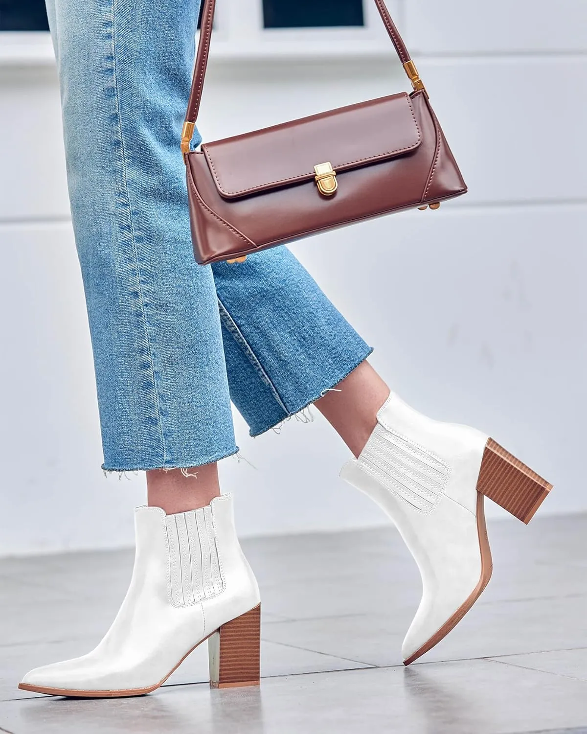 Womens Booties Pointed Toe Stacked Heel Fashion Chelsea Ankle Boots