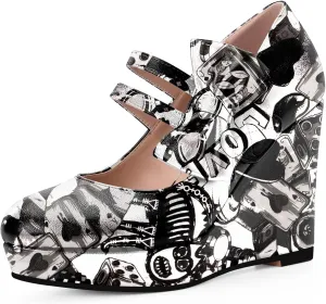 Women's Bow Closed Toe Hook Loop Platform High Heel Wedges Sandals Comfortable Mary Janes Pumps