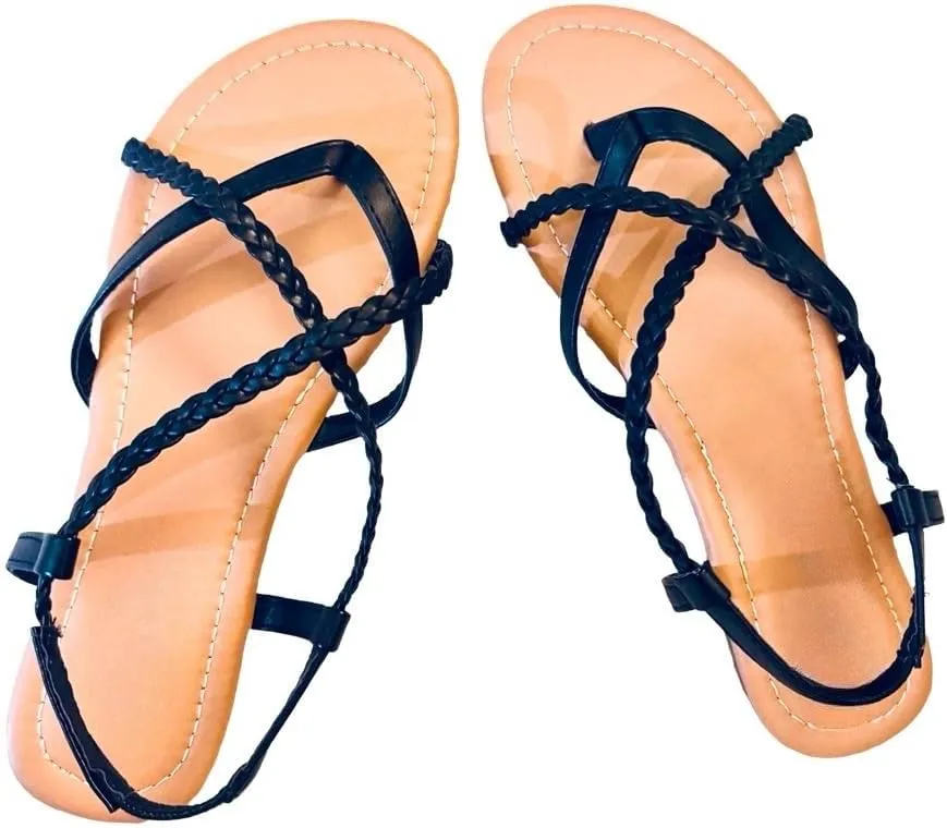Women's Braided Strap Flat Sandals – Comfortable Open-Toe Slip-On Gladiator Sandals with Back Strap, Casual Summer Footwear
