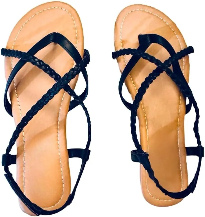Women's Braided Strap Flat Sandals – Comfortable Open-Toe Slip-On Gladiator Sandals with Back Strap, Casual Summer Footwear