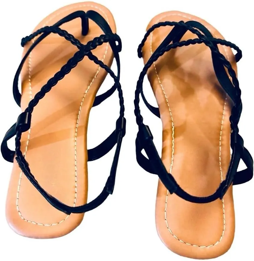 Women's Braided Strap Flat Sandals – Comfortable Open-Toe Slip-On Gladiator Sandals with Back Strap, Casual Summer Footwear