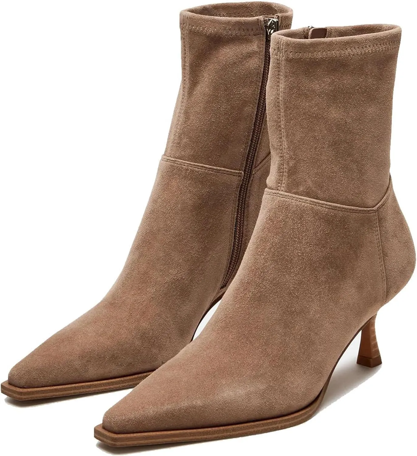 Womens Brown Suede Fall Boots with Side Zip, Ankle, Mid Calf, Pointed Toe, Kitten Heel, Dressy, Short Boots