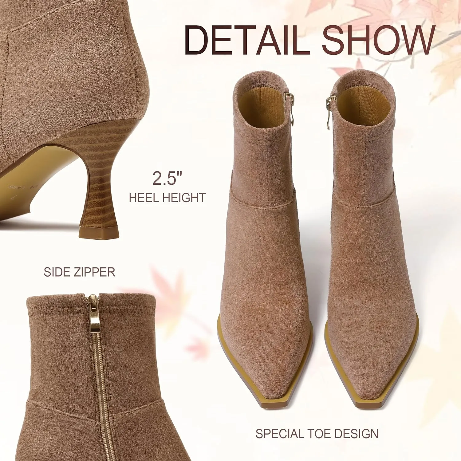 Womens Brown Suede Fall Boots with Side Zip, Ankle, Mid Calf, Pointed Toe, Kitten Heel, Dressy, Short Boots