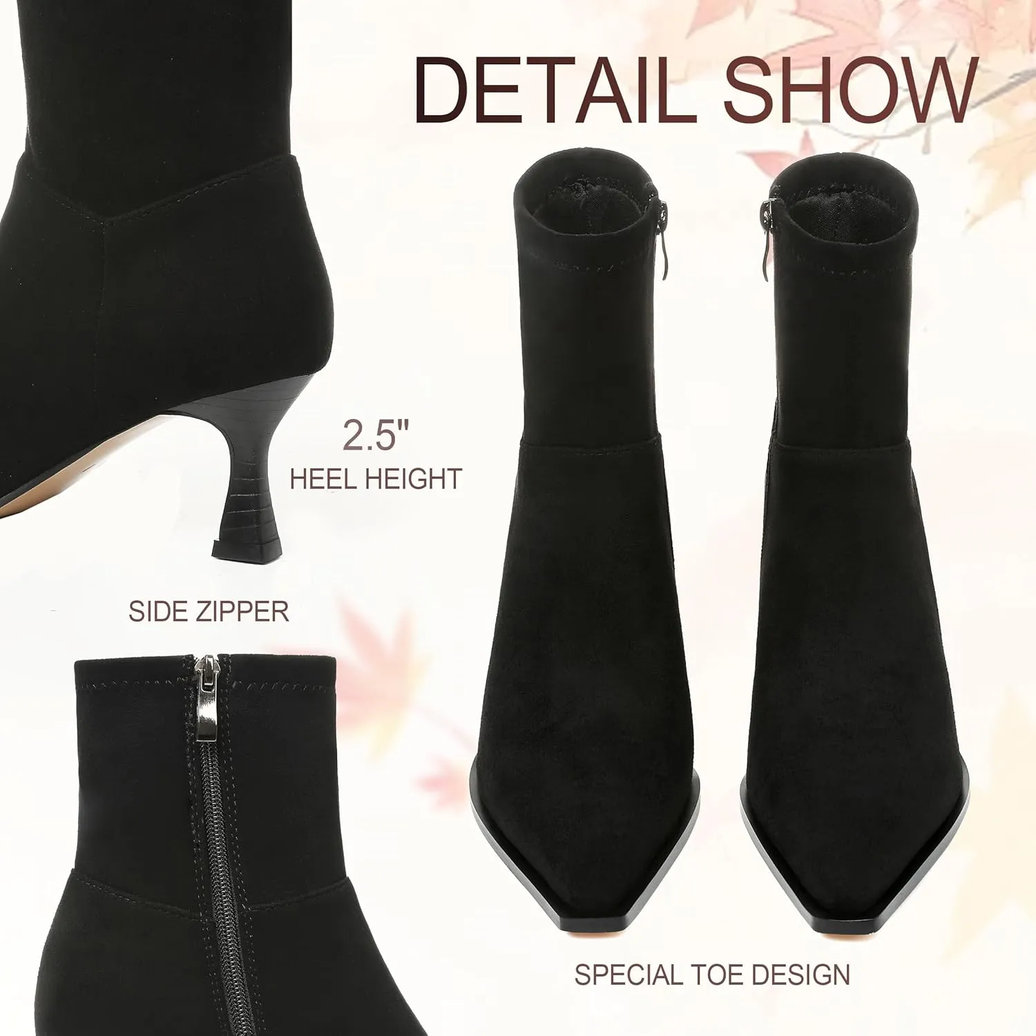 Womens Brown Suede Fall Boots with Side Zip, Ankle, Mid Calf, Pointed Toe, Kitten Heel, Dressy, Short Boots