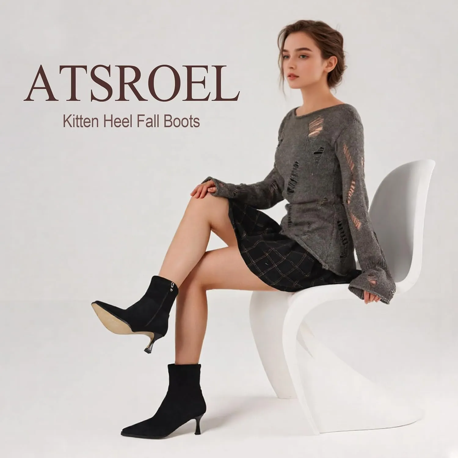 Womens Brown Suede Fall Boots with Side Zip, Ankle, Mid Calf, Pointed Toe, Kitten Heel, Dressy, Short Boots