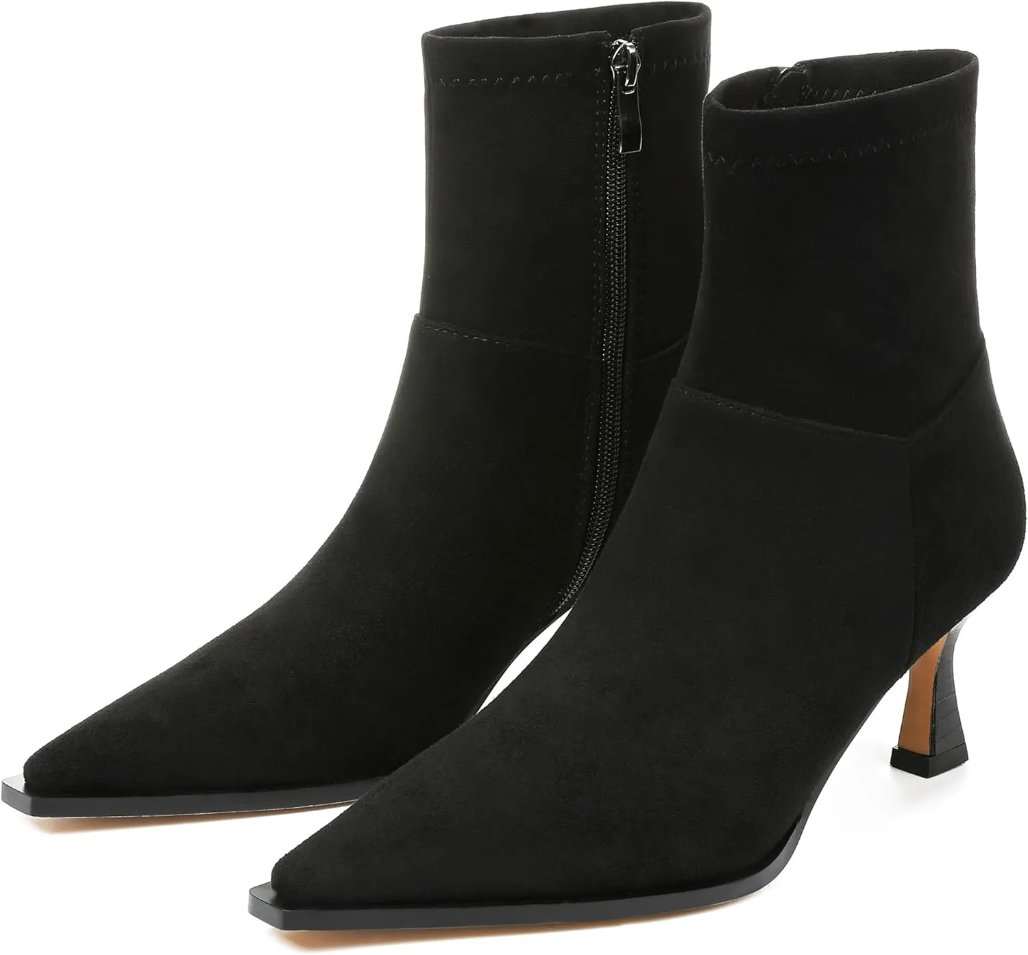 Womens Brown Suede Fall Boots with Side Zip, Ankle, Mid Calf, Pointed Toe, Kitten Heel, Dressy, Short Boots