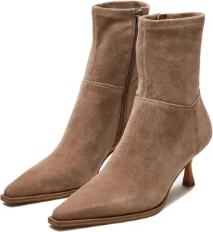 Womens Brown Suede Fall Boots with Side Zip, Ankle, Mid Calf, Pointed Toe, Kitten Heel, Dressy, Short Boots