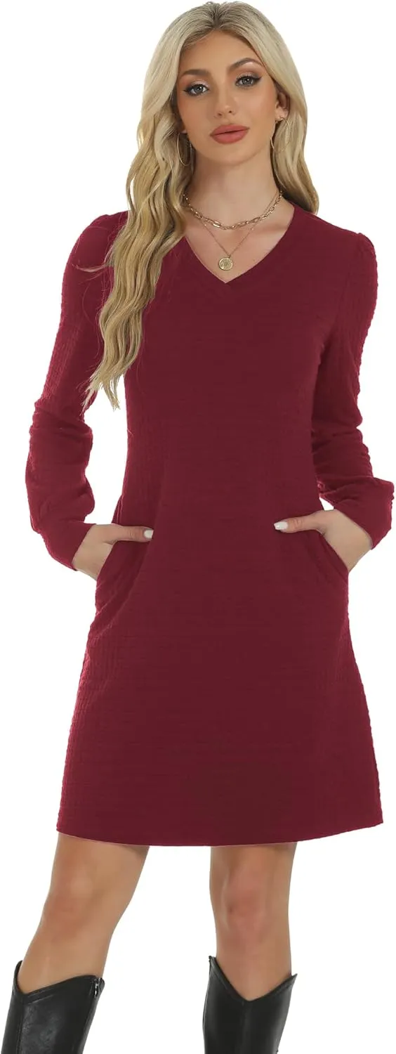 Womens Casual Dresses Long Sleeve Sexy Wrap V Neck Mini Dress with Pockets Winter Fall Spring Trendy Outfit