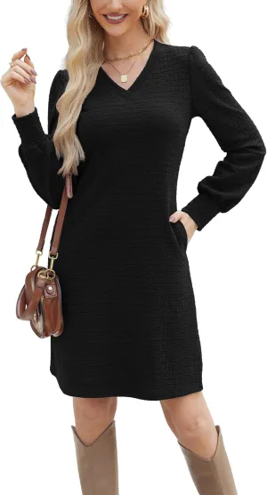 Womens Casual Dresses Long Sleeve Sexy Wrap V Neck Mini Dress with Pockets Winter Fall Spring Trendy Outfit