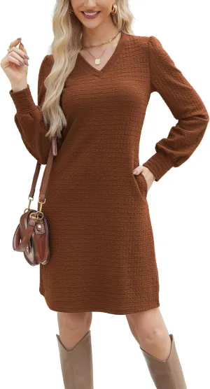 Womens Casual Dresses Long Sleeve Sexy Wrap V Neck Mini Dress with Pockets Winter Fall Spring Trendy Outfit