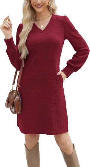 Womens Casual Dresses Long Sleeve Sexy Wrap V Neck Mini Dress with Pockets Winter Fall Spring Trendy Outfit