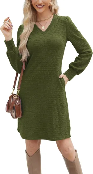 Womens Casual Dresses Long Sleeve Sexy Wrap V Neck Mini Dress with Pockets Winter Fall Spring Trendy Outfit