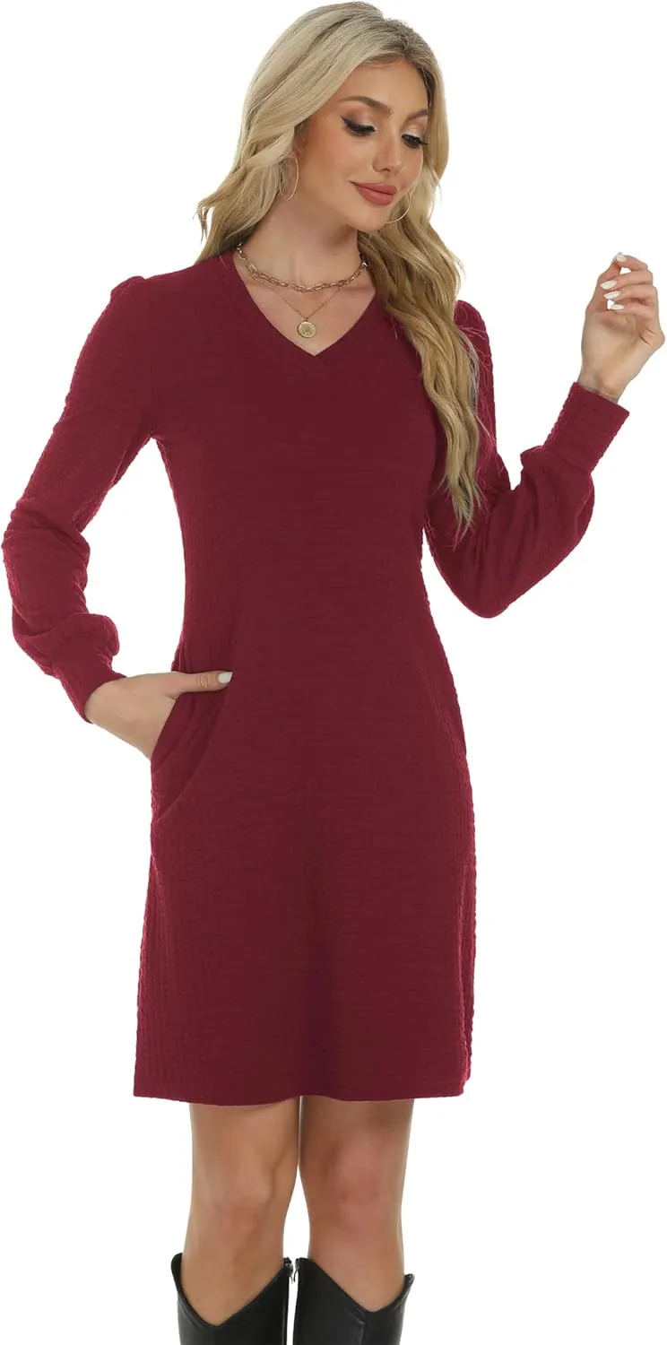 Womens Casual Dresses Long Sleeve Sexy Wrap V Neck Mini Dress with Pockets Winter Fall Spring Trendy Outfit