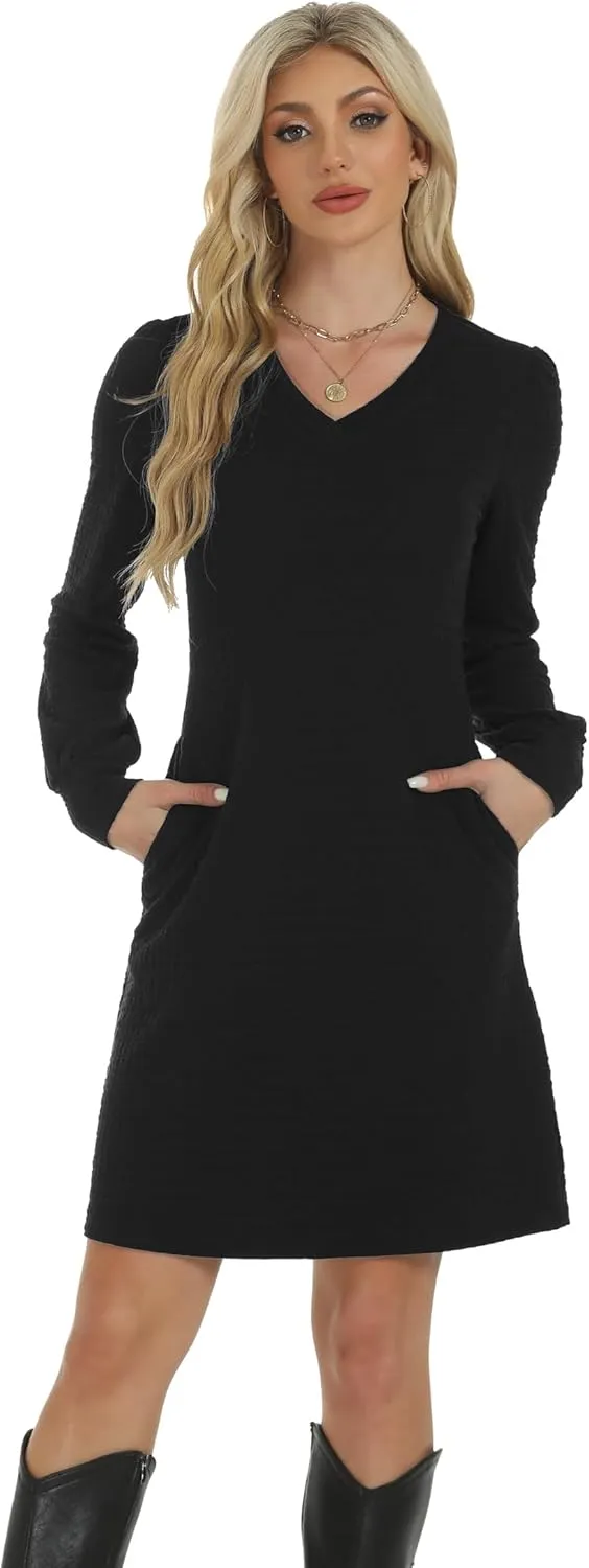 Womens Casual Dresses Long Sleeve Sexy Wrap V Neck Mini Dress with Pockets Winter Fall Spring Trendy Outfit
