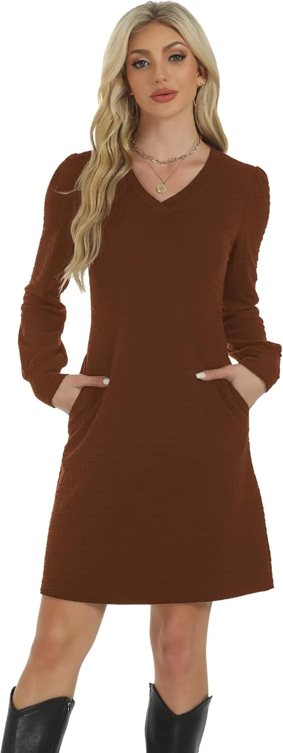 Womens Casual Dresses Long Sleeve Sexy Wrap V Neck Mini Dress with Pockets Winter Fall Spring Trendy Outfit