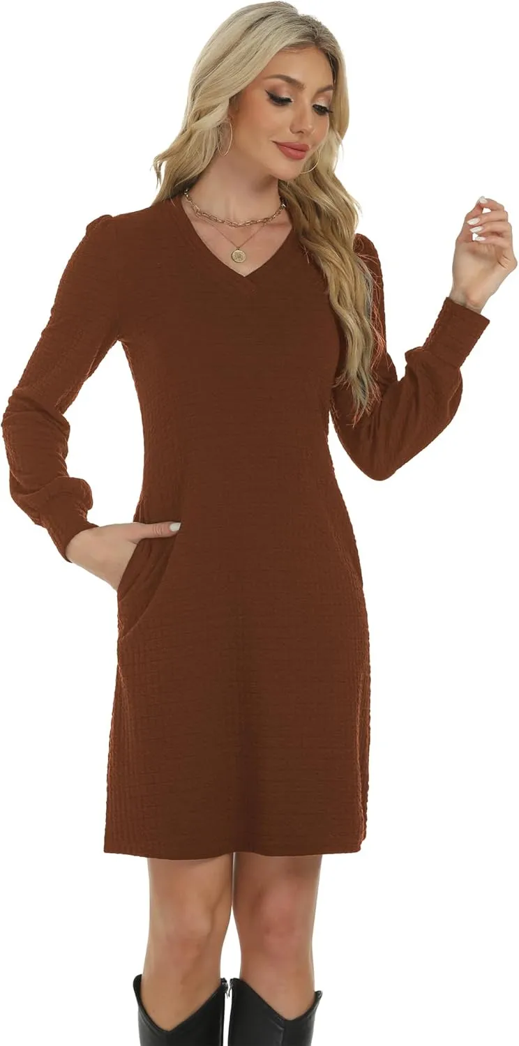 Womens Casual Dresses Long Sleeve Sexy Wrap V Neck Mini Dress with Pockets Winter Fall Spring Trendy Outfit
