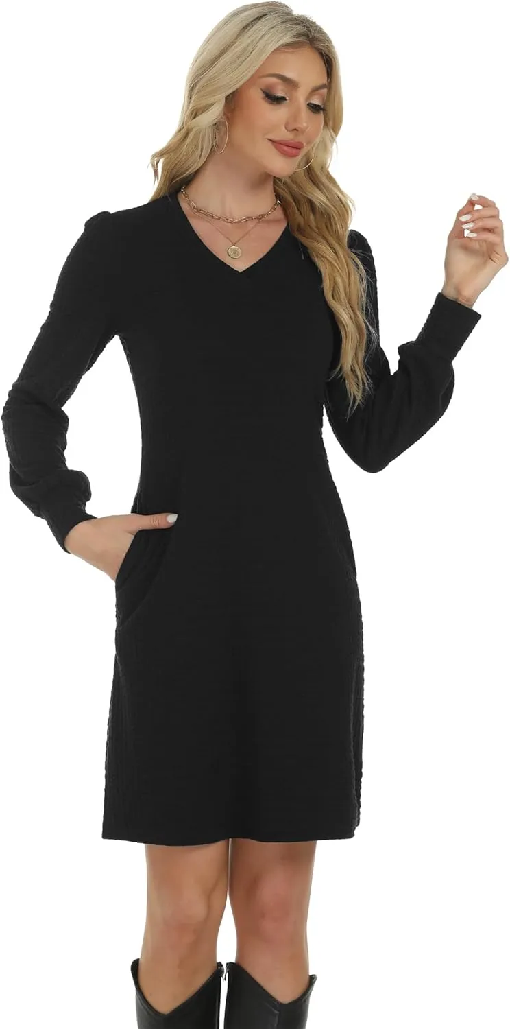 Womens Casual Dresses Long Sleeve Sexy Wrap V Neck Mini Dress with Pockets Winter Fall Spring Trendy Outfit