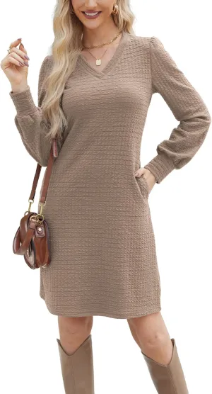 Womens Casual Dresses Long Sleeve Sexy Wrap V Neck Mini Dress with Pockets Winter Fall Spring Trendy Outfit