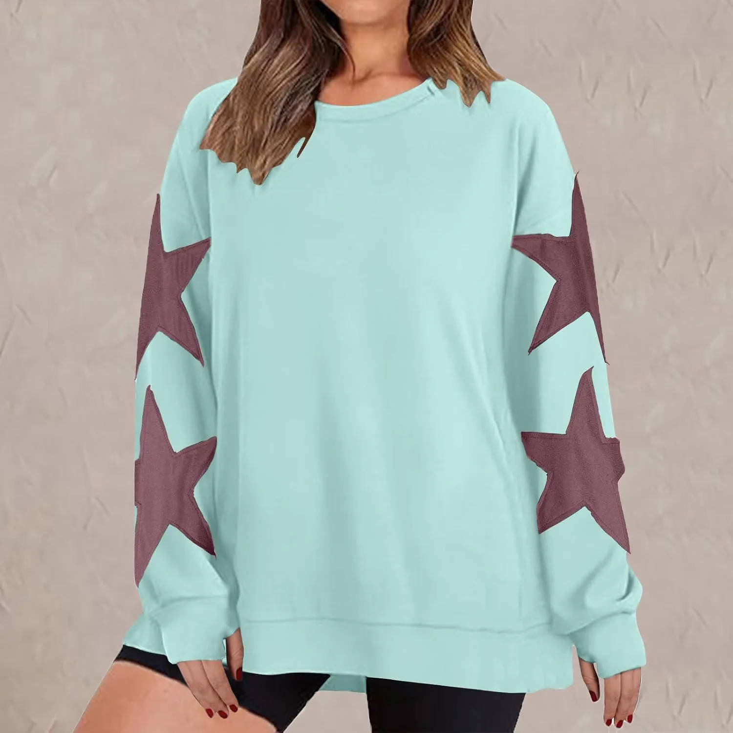 Women's Casual Loose Color Matching Round Neck Long Sleeved T-shirt ，Loose Top Long Sleeved Round Neck Star Tops