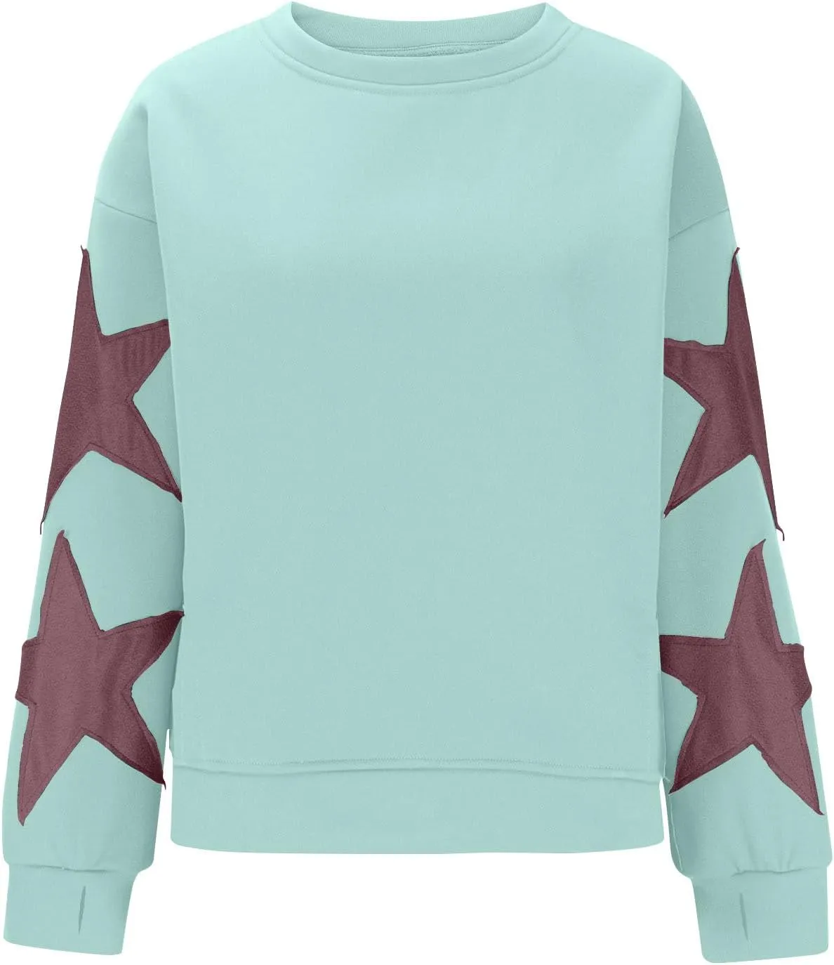 Women's Casual Loose Color Matching Round Neck Long Sleeved T-shirt ，Loose Top Long Sleeved Round Neck Star Tops