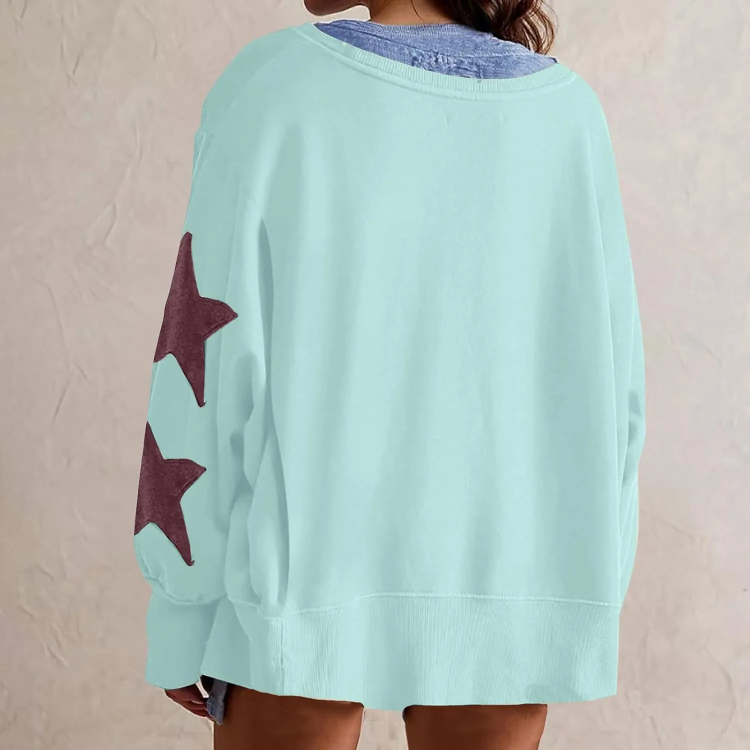 Women's Casual Loose Color Matching Round Neck Long Sleeved T-shirt ，Loose Top Long Sleeved Round Neck Star Tops