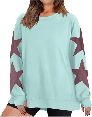 Women's Casual Loose Color Matching Round Neck Long Sleeved T-shirt ，Loose Top Long Sleeved Round Neck Star Tops