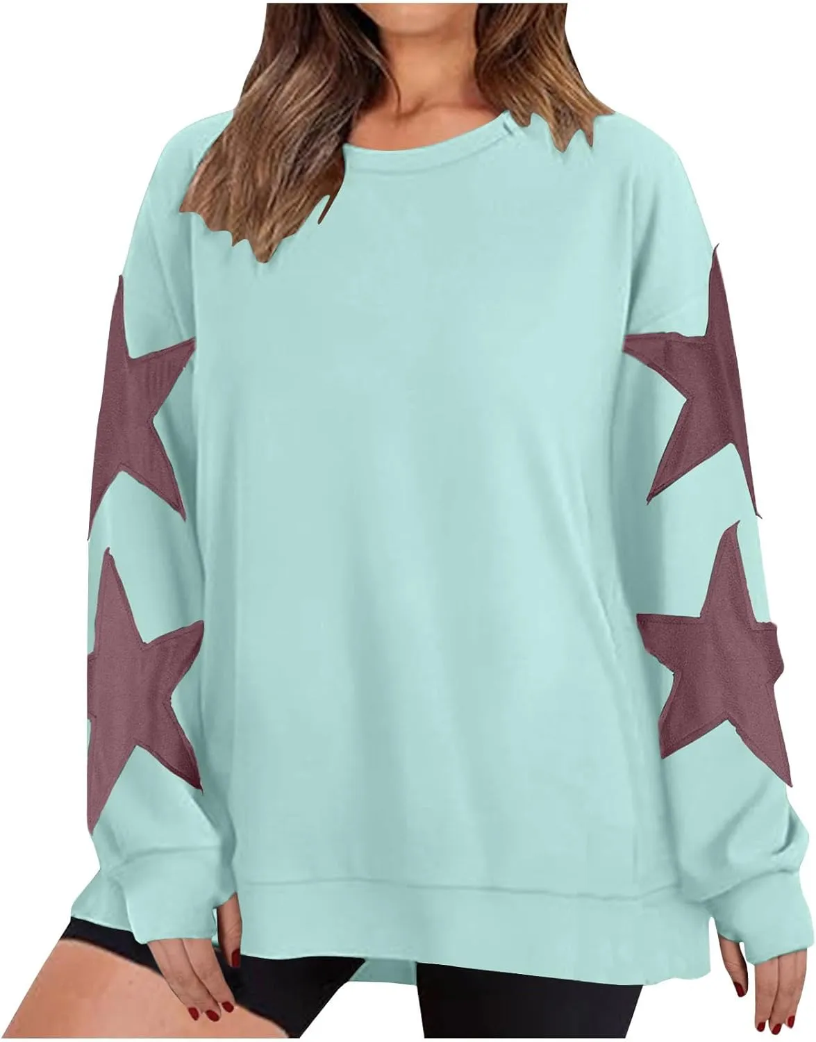 Women's Casual Loose Color Matching Round Neck Long Sleeved T-shirt ，Loose Top Long Sleeved Round Neck Star Tops
